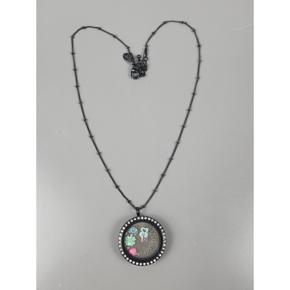 Origami Owl Pendant Necklace w/ 5 Charms Black Rhinestones 16-18" - Picture 2 of 4